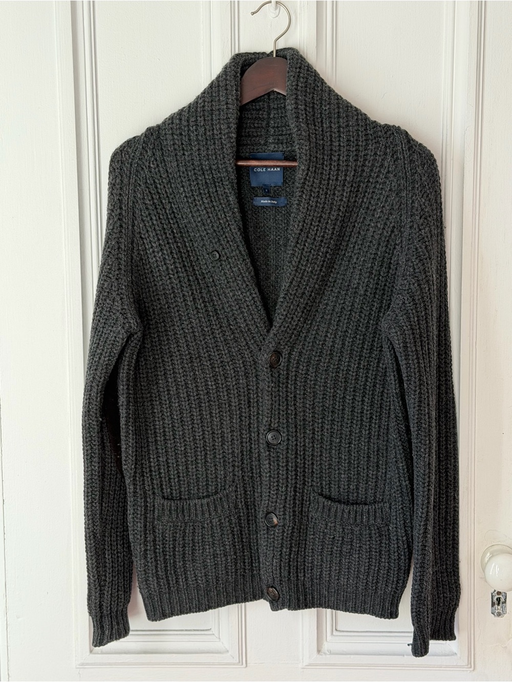 Men’s Cole Haan Grey Button Up Wool Cardigan Parch Elbow Size Small